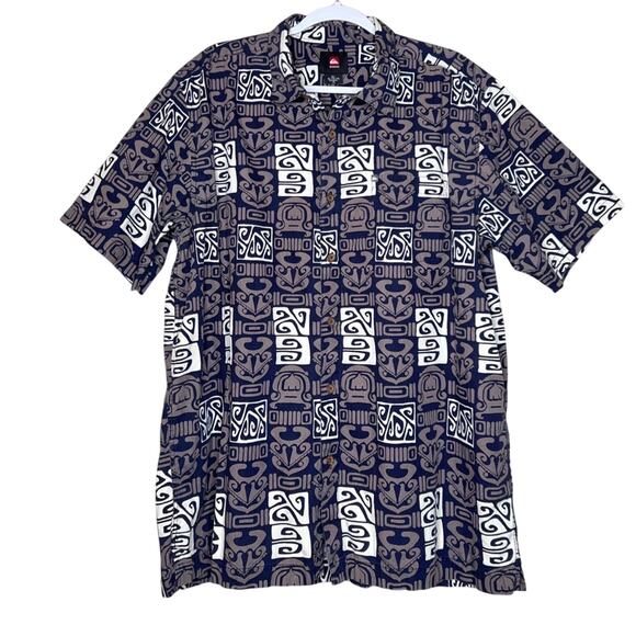 Quiksilver Mens Hawaiian Tiki Print Button Camp Shirt Size XL Y2K Novelty Casual - Picture 1 of 7